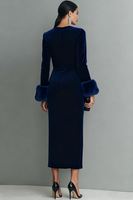 Laden Sie das Bild in den Galerie-Viewer, Dunkelblau Samt Etuikleid Langes Festliches Kleid mit Ärmeln