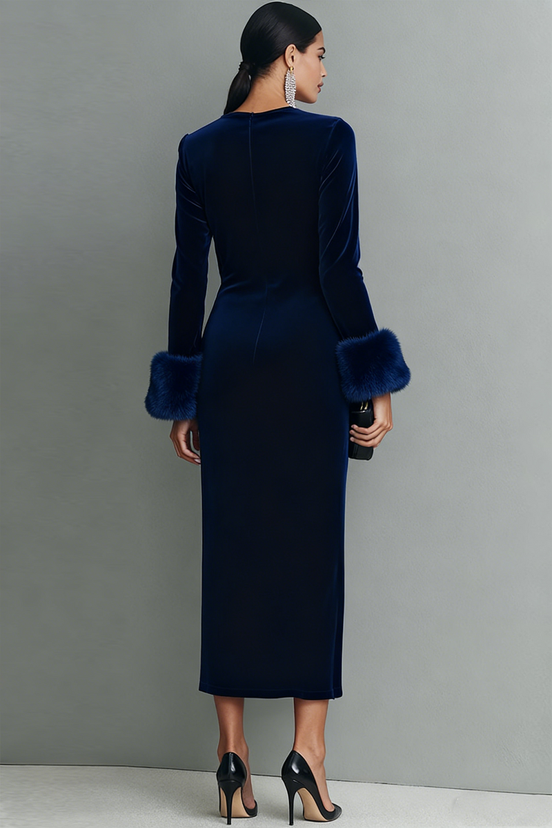 Laden Sie das Bild in den Galerie-Viewer, Dunkelblau Samt Etuikleid Langes Festliches Kleid mit Ärmeln