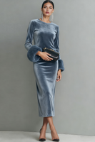 Laden Sie das Bild in den Galerie-Viewer, Dunkelblau Samt Etuikleid Langes Festliches Kleid mit Ärmeln