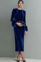 Laden Sie das Bild in den Galerie-Viewer, Dunkelblau Samt Etuikleid Langes Festliches Kleid mit Ärmeln