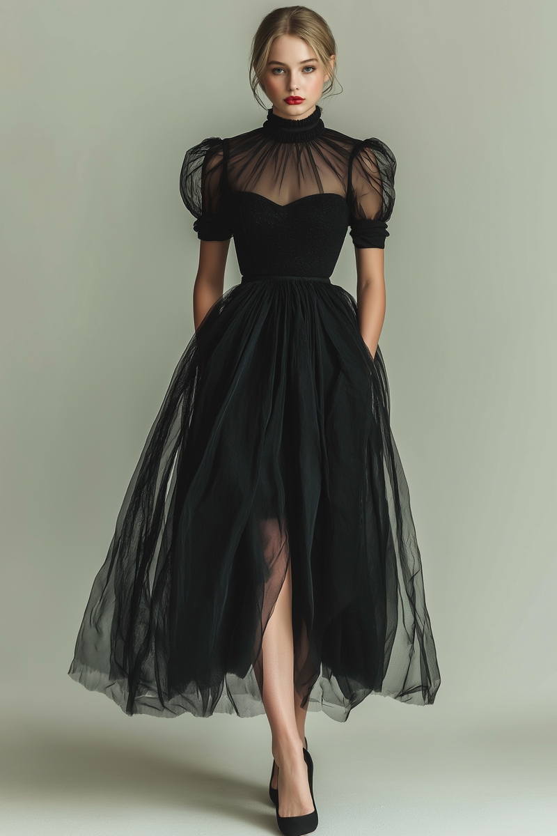 Laden Sie das Bild in den Galerie-Viewer, Leely Women Black Long A Line Evening Dress with Pockets High Neck Formal Dress with Slit Black Tie Dress Occsion Dress