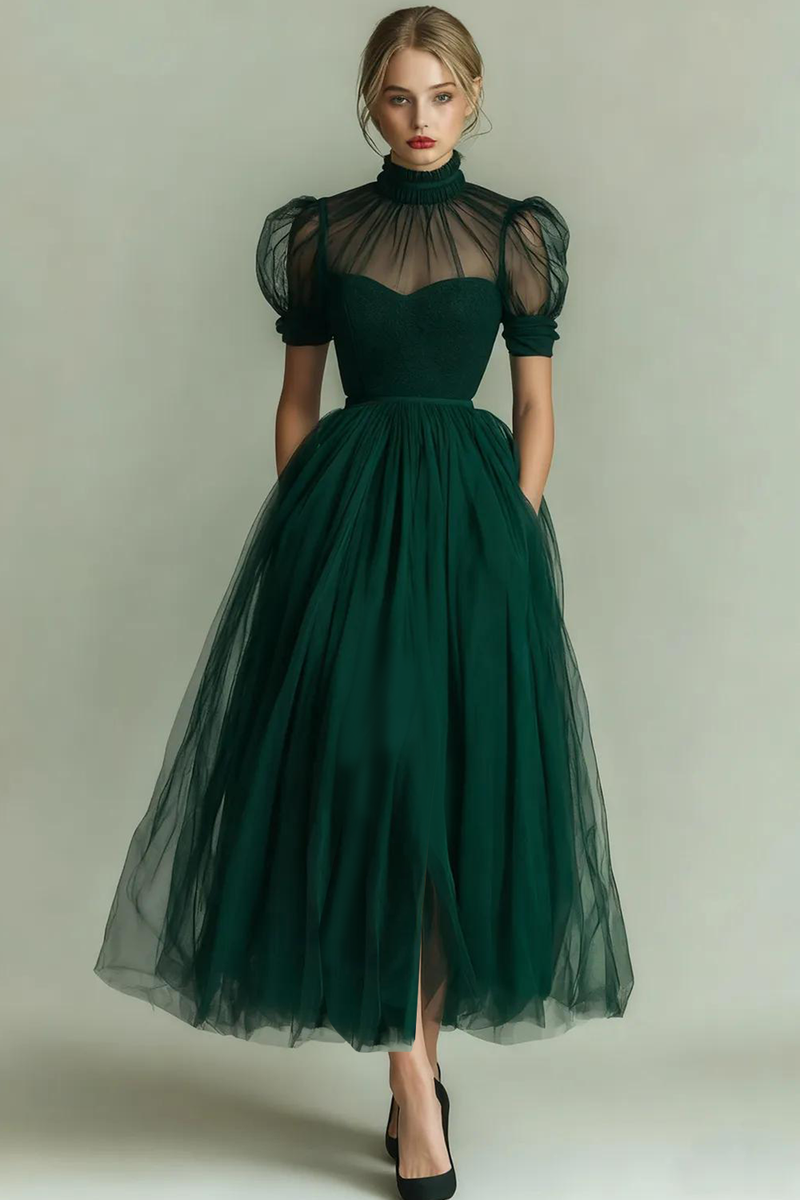 Laden Sie das Bild in den Galerie-Viewer, Schwarz Hochgeschlossener Ausschnitt A-Linien Langes Abendkleid mit Taschen