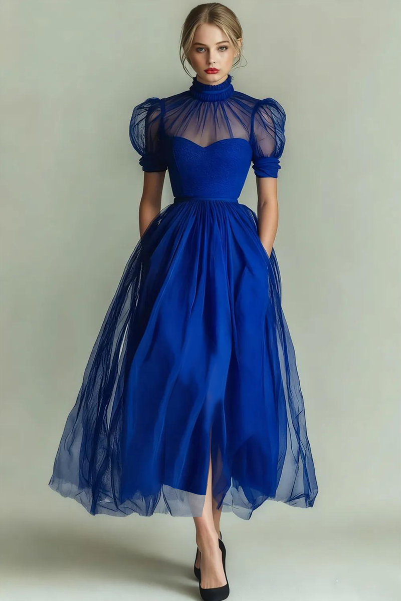 Laden Sie das Bild in den Galerie-Viewer, Schwarz Hochgeschlossener Ausschnitt A-Linien Langes Abendkleid mit Taschen