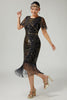 Laden Sie das Bild in den Galerie-Viewer, Funkelnd Schwarz Gold Enganliegend Perlen Pailletten Flapper Kleid mit Fransen
