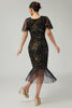 Laden Sie das Bild in den Galerie-Viewer, Funkelnd Schwarz Gold Enganliegend Perlen Pailletten Flapper Kleid mit Fransen
