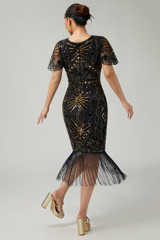Funkelnd Schwarz Gold Enganliegend Perlen Pailletten Flapper Kleid mit Fransen
