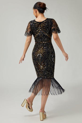 Funkelnd Schwarz Gold Enganliegend Perlen Pailletten Flapper Kleid mit Fransen