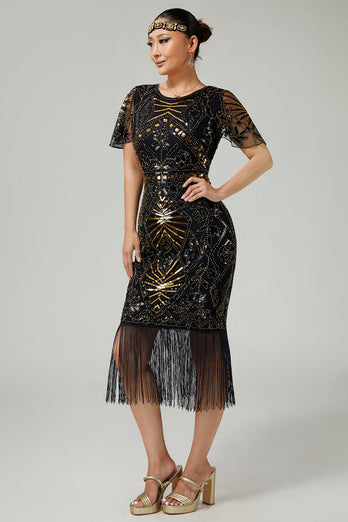 Funkelnd Schwarz Gold Enganliegend Perlen Pailletten Flapper Kleid mit Fransen
