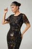 Laden Sie das Bild in den Galerie-Viewer, Funkelnd Schwarz Gold Enganliegend Perlen Pailletten Flapper Kleid mit Fransen