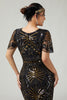 Laden Sie das Bild in den Galerie-Viewer, Funkelnd Schwarz Gold Enganliegend Perlen Pailletten Flapper Kleid mit Fransen