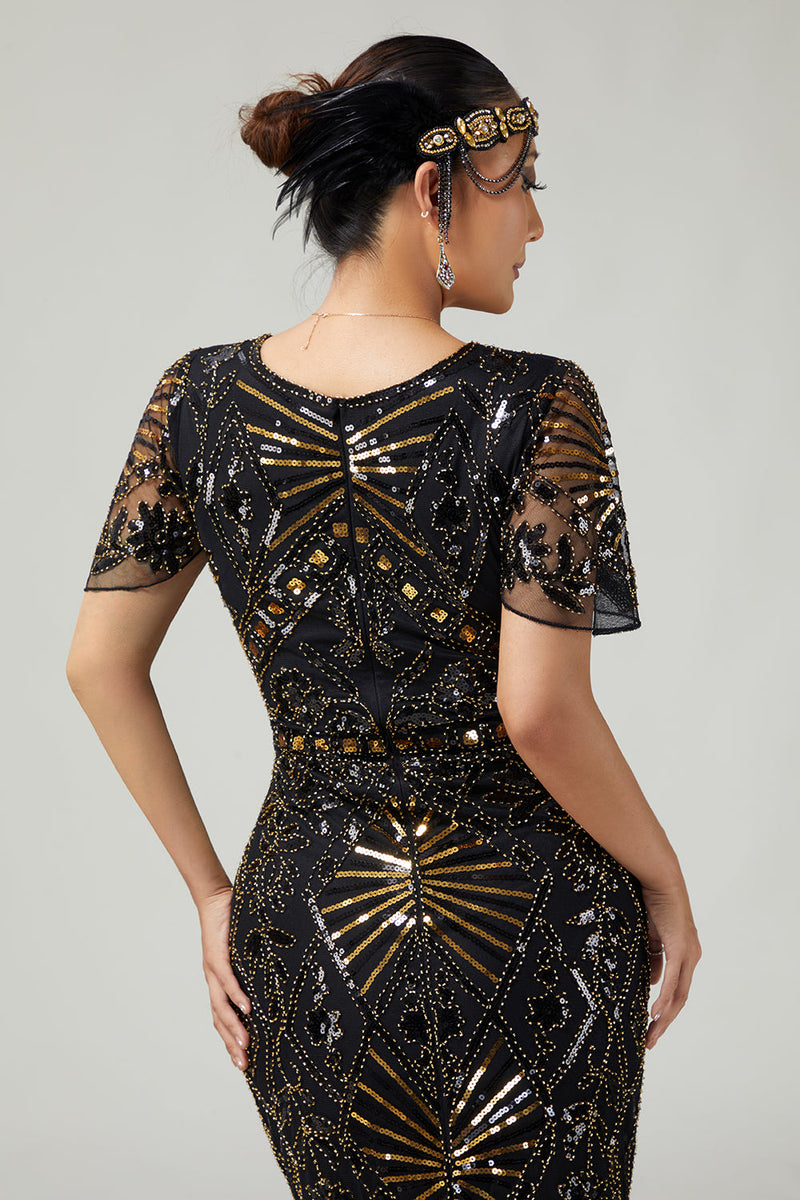 Laden Sie das Bild in den Galerie-Viewer, Funkelnd Schwarz Gold Enganliegend Perlen Pailletten Flapper Kleid mit Fransen