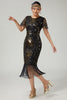 Laden Sie das Bild in den Galerie-Viewer, Funkelnd Schwarz Gold Enganliegend Perlen Pailletten Flapper Kleid mit Fransen