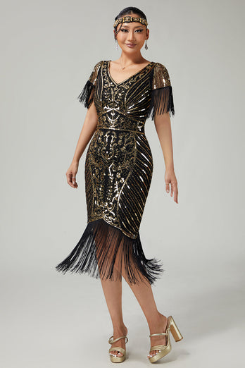 Funkelnd Schwarz Gold V-Ausschnitt Pailletten Flapper Kleid mit Fransen