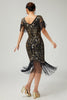 Laden Sie das Bild in den Galerie-Viewer, Funkelnd Schwarz Gold V-Ausschnitt Pailletten Flapper Kleid mit Fransen