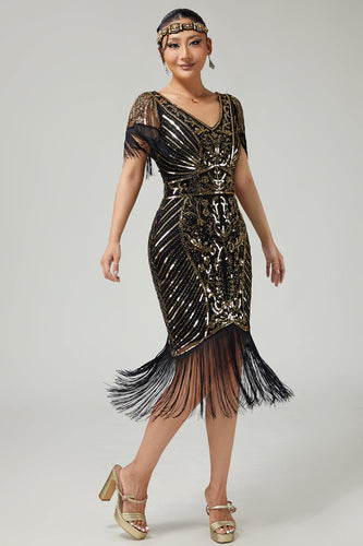 Funkelnd Schwarz Gold V-Ausschnitt Pailletten Flapper Kleid mit Fransen