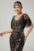 Laden Sie das Bild in den Galerie-Viewer, Funkelnd Schwarz Gold V-Ausschnitt Pailletten Flapper Kleid mit Fransen