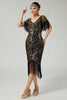 Laden Sie das Bild in den Galerie-Viewer, Funkelnd Schwarz Gold V-Ausschnitt Pailletten Flapper Kleid mit Fransen