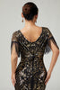 Laden Sie das Bild in den Galerie-Viewer, Funkelnd Schwarz Gold V-Ausschnitt Pailletten Flapper Kleid mit Fransen