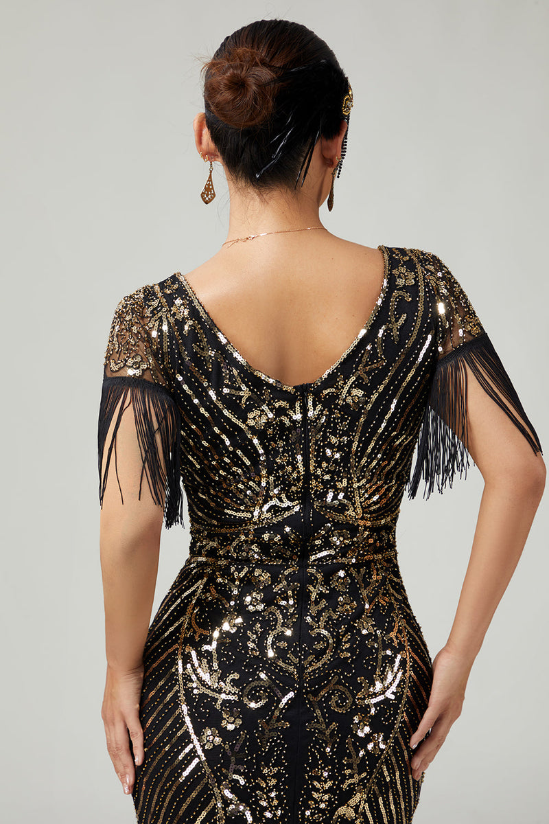 Laden Sie das Bild in den Galerie-Viewer, Funkelnd Schwarz Gold V-Ausschnitt Pailletten Flapper Kleid mit Fransen