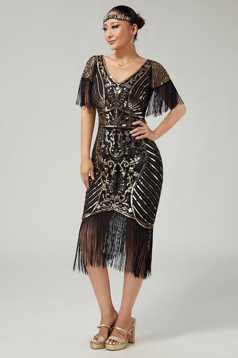 Laden Sie das Bild in den Galerie-Viewer, Funkelnd Schwarz Gold V-Ausschnitt Pailletten Flapper Kleid mit Fransen