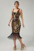 Laden Sie das Bild in den Galerie-Viewer, Funkelnd Schwarz Gold V-Ausschnitt Pailletten Fransen 1920er Flapper Kleid