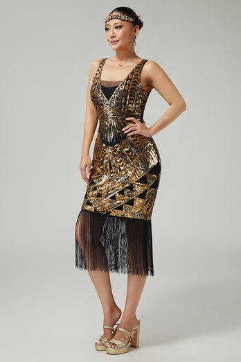 Funkelnd Schwarz Gold V-Ausschnitt Pailletten Fransen 1920er Flapper Kleid