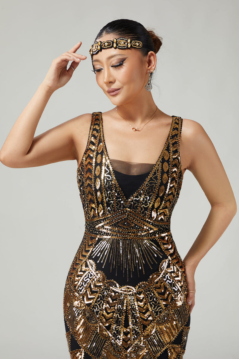 Laden Sie das Bild in den Galerie-Viewer, Funkelnd Schwarz Gold V-Ausschnitt Pailletten Fransen 1920er Flapper Kleid