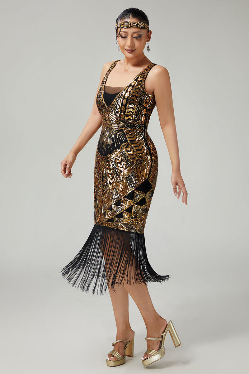 Laden Sie das Bild in den Galerie-Viewer, Funkelnd Schwarz Gold V-Ausschnitt Pailletten Fransen 1920er Flapper Kleid