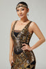 Laden Sie das Bild in den Galerie-Viewer, Funkelnd Schwarz Gold V-Ausschnitt Pailletten Fransen 1920er Flapper Kleid