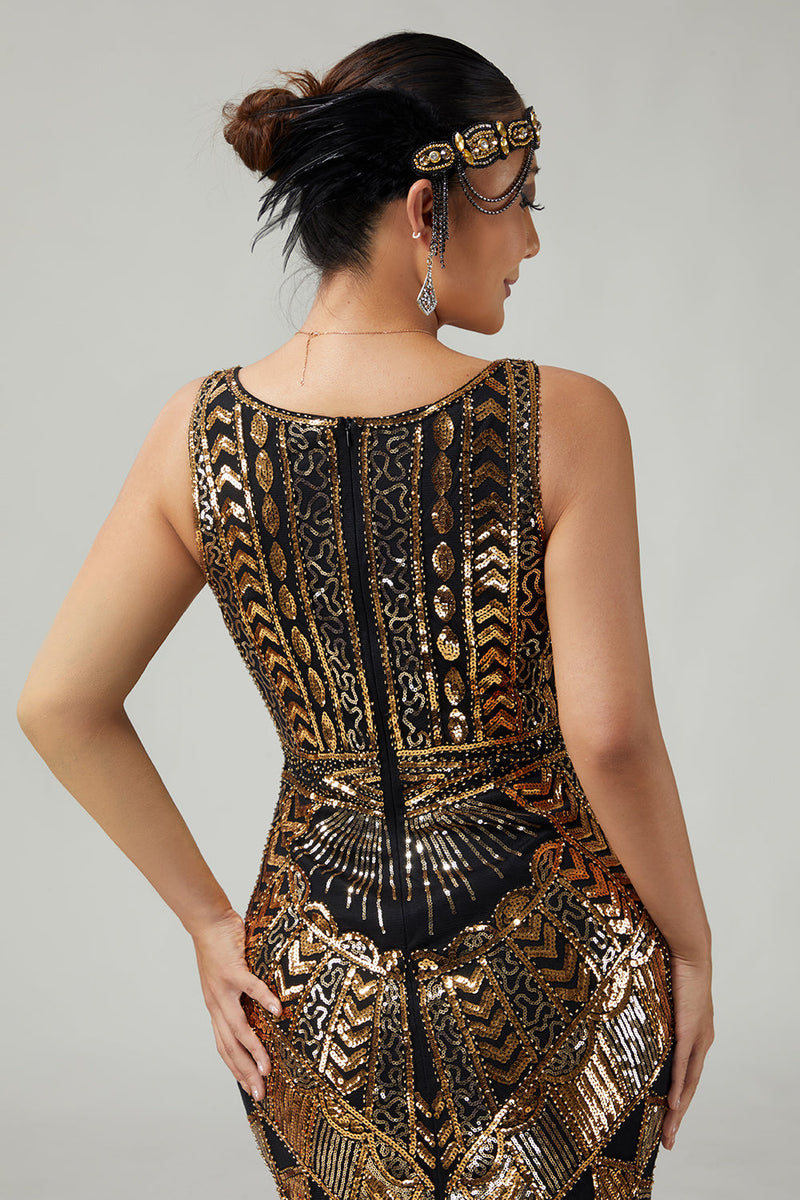 Laden Sie das Bild in den Galerie-Viewer, Funkelnd Schwarz Gold V-Ausschnitt Pailletten Fransen 1920er Flapper Kleid