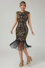 Laden Sie das Bild in den Galerie-Viewer, Floral Funkelnd Schwarz Gold Enganliegend Pailletten 1920er Flapper Kleid mit Fransen