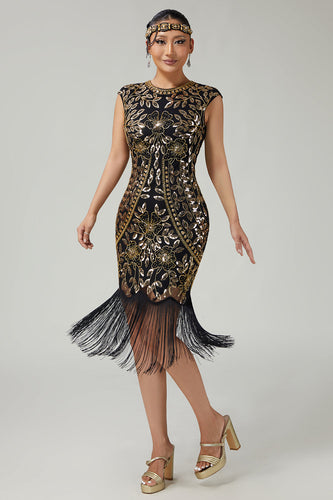 Floral Funkelnd Schwarz Gold Enganliegend Pailletten 1920er Flapper Kleid mit Fransen