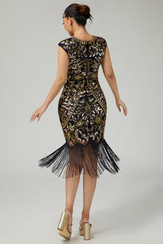 Floral Funkelnd Schwarz Gold Enganliegend Pailletten 1920er Flapper Kleid mit Fransen