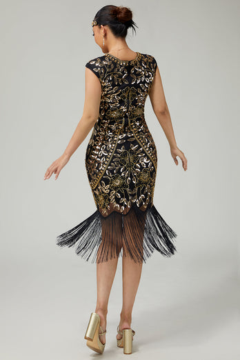 Floral Funkelnd Schwarz Gold Enganliegend Pailletten 1920er Flapper Kleid mit Fransen