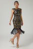 Laden Sie das Bild in den Galerie-Viewer, Floral Funkelnd Schwarz Gold Enganliegend Pailletten 1920er Flapper Kleid mit Fransen