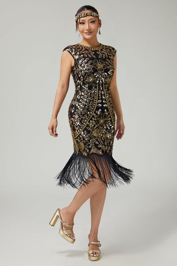 Floral Funkelnd Schwarz Gold Enganliegend Pailletten 1920er Flapper Kleid mit Fransen