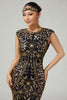 Laden Sie das Bild in den Galerie-Viewer, Floral Funkelnd Schwarz Gold Enganliegend Pailletten 1920er Flapper Kleid mit Fransen