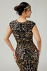 Laden Sie das Bild in den Galerie-Viewer, Floral Funkelnd Schwarz Gold Enganliegend Pailletten 1920er Flapper Kleid mit Fransen