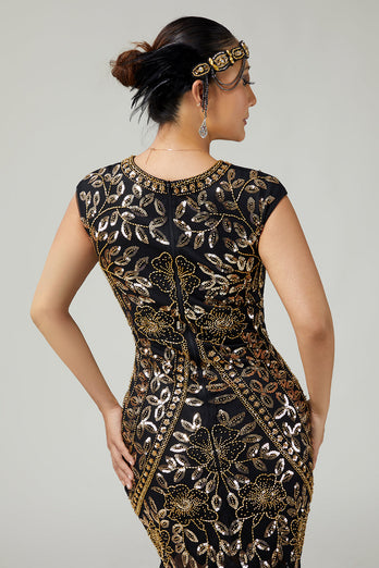 Floral Funkelnd Schwarz Gold Enganliegend Pailletten 1920er Flapper Kleid mit Fransen