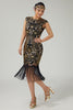 Laden Sie das Bild in den Galerie-Viewer, Floral Funkelnd Schwarz Gold Enganliegend Pailletten 1920er Flapper Kleid mit Fransen