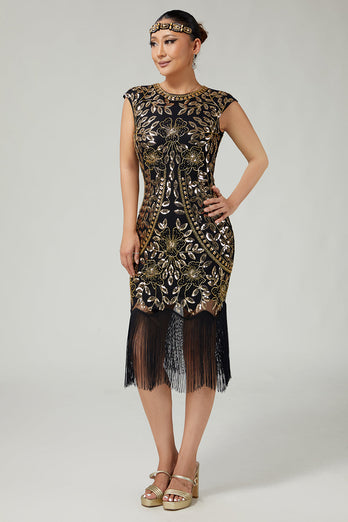 Floral Funkelnd Schwarz Gold Enganliegend Pailletten 1920er Flapper Kleid mit Fransen