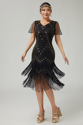 Funkelnd Schwarz Gold Fransen Enganliegend 1920er Flapper Kleid mit Perlen