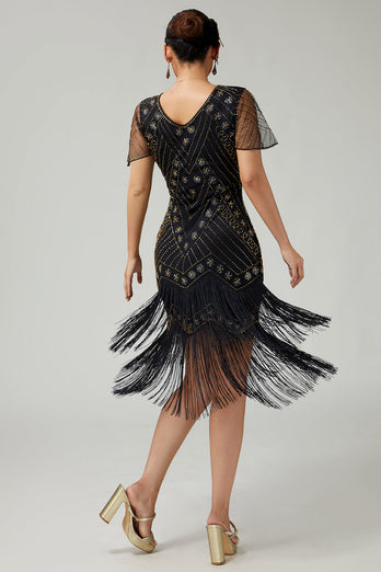 Funkelnd Schwarz Gold Fransen Enganliegend 1920er Flapper Kleid mit Perlen