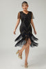 Laden Sie das Bild in den Galerie-Viewer, Funkelnd Schwarz Gold Fransen Enganliegend 1920er Flapper Kleid mit Perlen