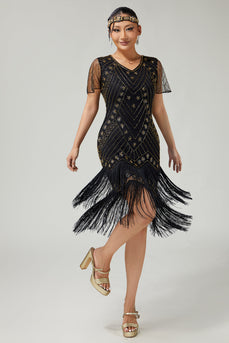 Funkelnd Schwarz Gold Fransen Enganliegend 1920er Flapper Kleid mit Perlen
