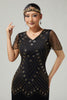 Laden Sie das Bild in den Galerie-Viewer, Funkelnd Schwarz Gold Fransen Enganliegend 1920er Flapper Kleid mit Perlen