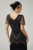 Laden Sie das Bild in den Galerie-Viewer, Funkelnd Schwarz Gold Fransen Enganliegend 1920er Flapper Kleid mit Perlen