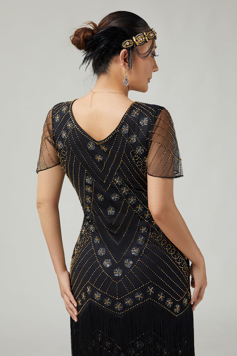 Laden Sie das Bild in den Galerie-Viewer, Funkelnd Schwarz Gold Fransen Enganliegend 1920er Flapper Kleid mit Perlen