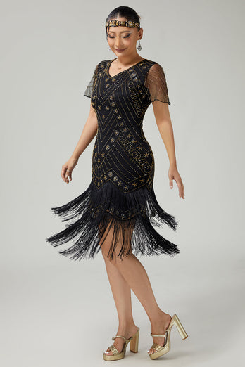 Funkelnd Schwarz Gold Fransen Enganliegend 1920er Flapper Kleid mit Perlen