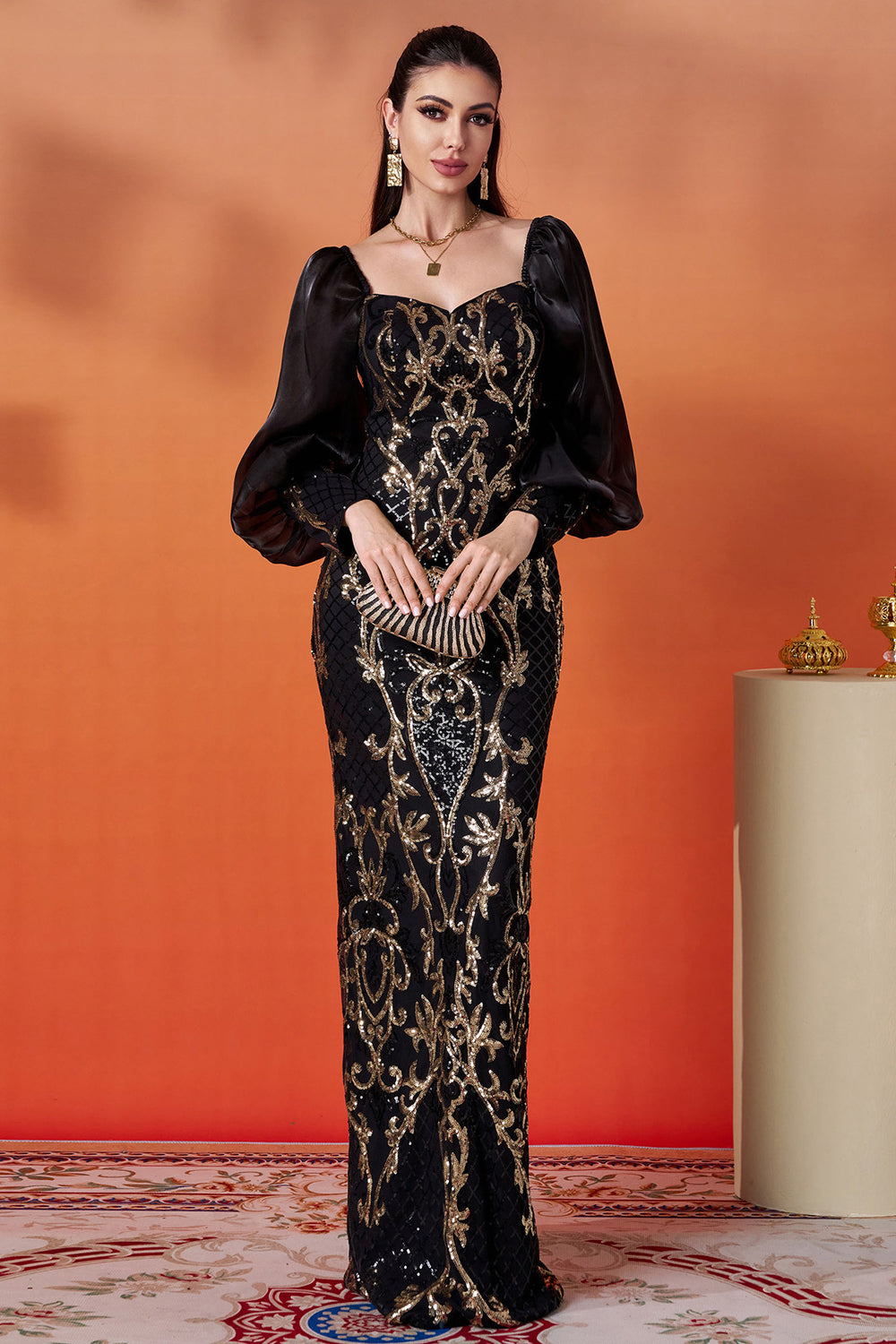 Glitzer Schwarz Golden Etui Puff Ärmel Lange Mutter der Braut Kleid mit Pailletten